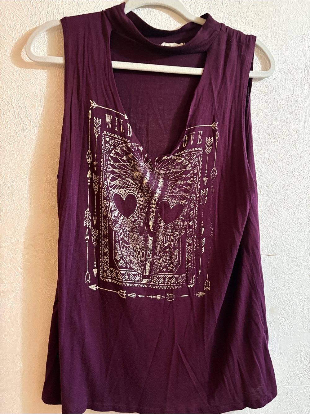 Francesca's Collections Plum Tank with Metallic Skull Graphic